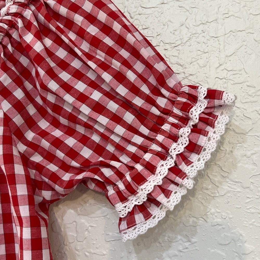 Fuchs Red and White Gingham Crochet Trim Lace-Up Back Off Shoulder Peasant Top - Picture 4 of 12